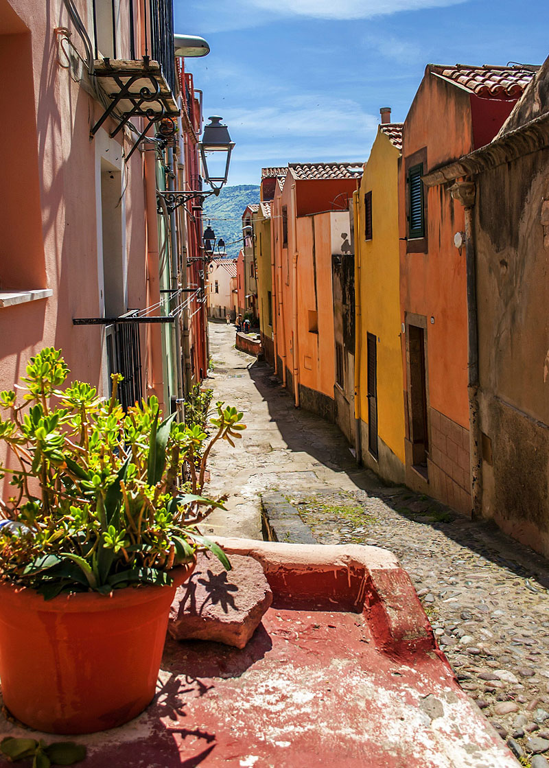 The narrow streets of Sa Costa in the historic center of Bosa